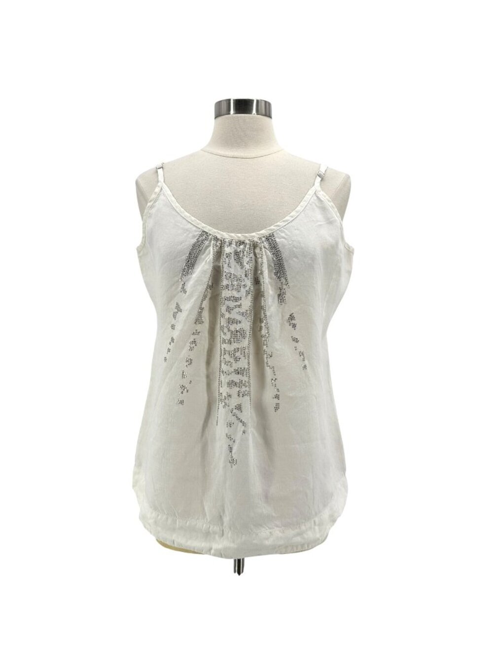 Eileen Fisher Womens Large Tank Top Organic Linen Sequin Cami White Silver